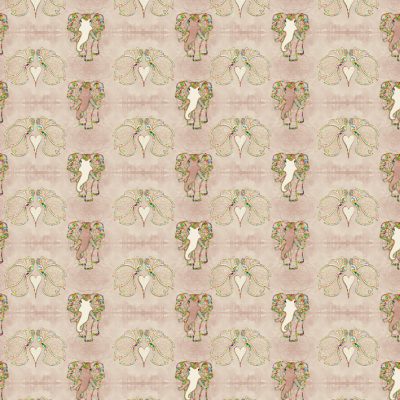 "Art Elefly" is a all-over print of art nouveau elephants and butterflies with rustic gold glitter effect. Main color soft rose. Print repeat dimensions: 10cm x 7cm / 4" x 2,8"