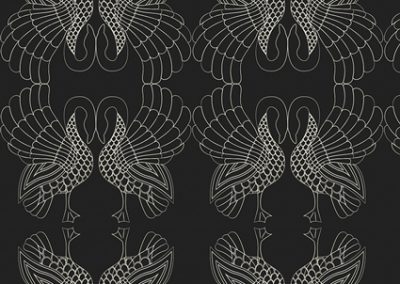 Art Swans up/down all-over print. Pristine colored art nouveau Swans with solid black background.