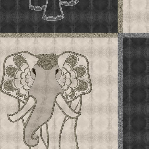 Close-up of "Art elephant chess" light-dark all-over print of decorated elephants walking proudly and majestic towards you. Main colors: black & silver cloud. Print dimensions: 40cm x 40cm (15.7" x 15.7") *covering two fields of elephants.