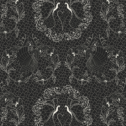 Close-up of Art Fragile all-over print. Celtic and art nouveau inspired pristine colered design. Background color black.