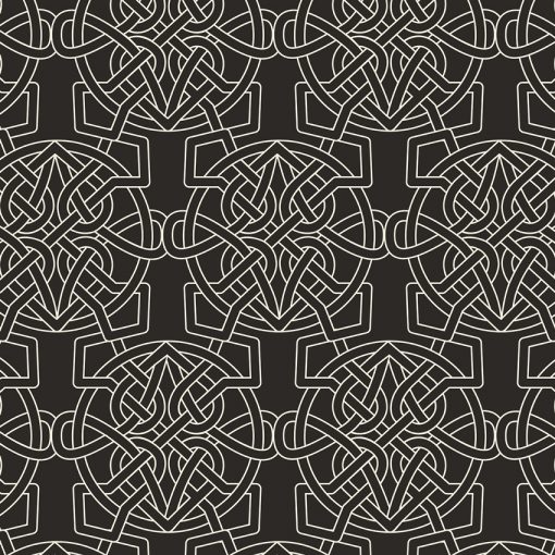 Celtic heart all-over print. Artwork in pristine (off white) on a black background. Print repeat dimensions: 20cm x 36cm / 7,9" x 14,2"