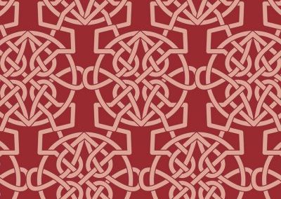 Celtic heart all-over print. Artwork in coral almond color and red background.