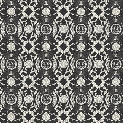 Celtic-swan all-over print. Black artwork on a pristine (off-white) colored background. Repeat dimensions: 13,6cm x 13,7cm / 5.4" x 5.4"