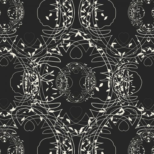 Celtic Tree Symphony close-up of all-over print. The design are Celtic trees of life in delicate entanglement with the Celtic hearts. Artwork in pristine print on a black colored background.