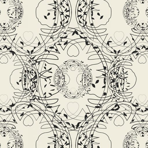 Celtic Tree Symphony close-up of all-over print. The design are Celtic trees of life in delicate entanglement with the Celtic hearts. Artwork in black print on a pristine colored background.