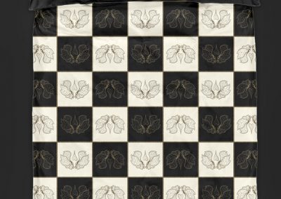 Duvet & Pillow. Cover example in "Art Butterfly Chess" all-over print. Black & pristine chess fields with art nouveau butterfly motif in contrasting color.