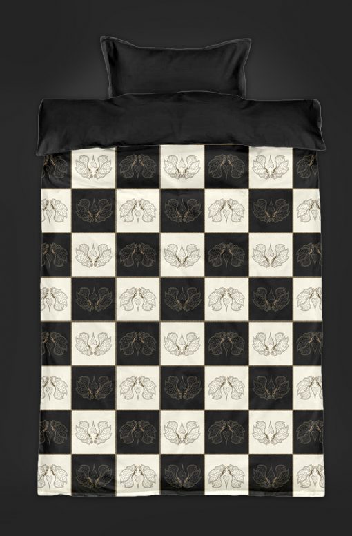 Duvet & Pillow. Cover example in "Art Butterfly Chess" all-over print. Black & pristine chess fields with art nouveau butterfly motif in contrasting color.