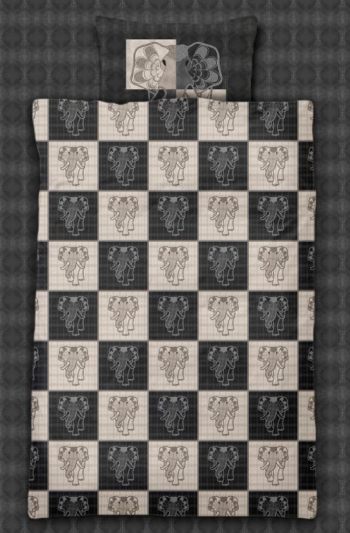 "Art Elephant Chess light & dark" print shown used for Duvet & Pillow cover. A bold chess design with art nouveau style elephant in shiftwise black and silver cloud (beige) colored and patterned tiles.
