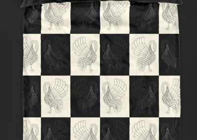 Duvet & Pillow. Cover example in "Art Swan Chess" all-over print. Black & pristine chess fields with swan motif in contrasting color.