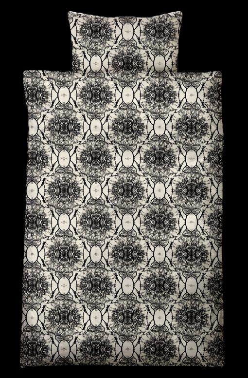 DP (Duvet & pillow) cover example. "Dream branches" print design in pristine/black color-play e.g. for duvet and pillow cover.