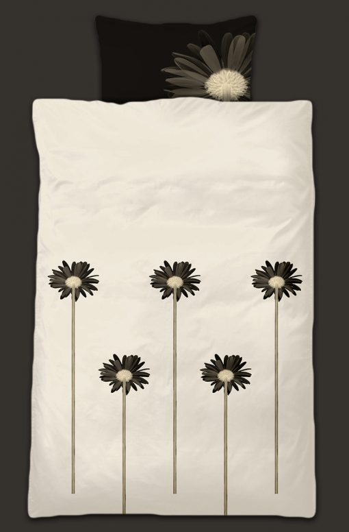 DP (Duvet & pillow) cover example. Majestic_ bold_daisies print design in pb (pristine/black) color-play.