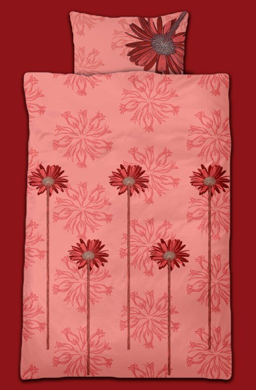DP (Duvet & pillow) cover example. Majestic_joyfully_daisies print design in ca (coral almond) color-play.