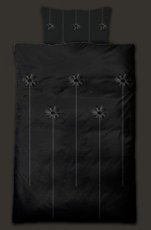 DP (Duvet & pillow) cover example. Majestic_elegant_daisies print design in black color shades for duvet and pillow cover.