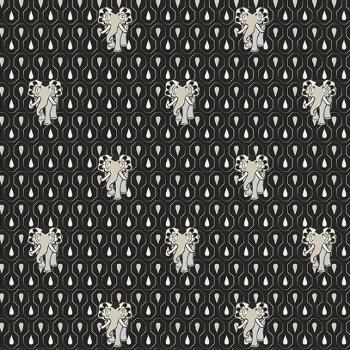 Seamless print repeat of small art nouveau elephants in high-density with geometric art deco droplets background pattern. Main color black