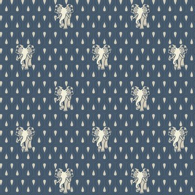 Seamless print repeat of small art nouveau elephants in high-density with geometric art deco droplets background pattern. Main color blue_ashes