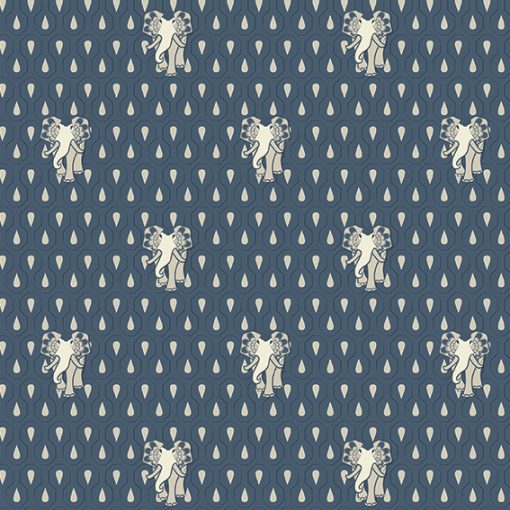 Seamless print repeat of small art nouveau elephants in high-density with geometric art deco droplets background pattern. Main color blue_ashes