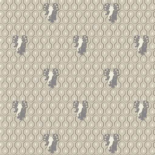 Seamless print repeat of small art nouveau elephants in high-density with geometric art deco droplets background pattern. Main color silver-cloud.