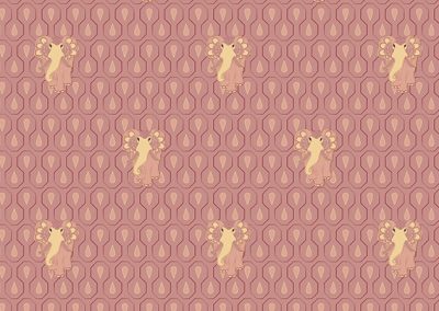 Seamless print repeat of small art nouveau elephants in high-density with geometric art deco droplets background pattern. Main color tea-rose.
