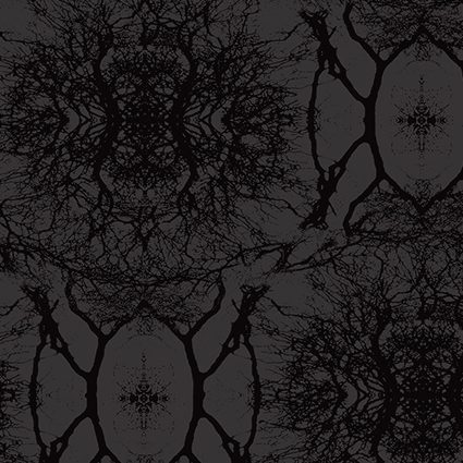 Close-up of the print dream branches. Diamond and circular shaped pattern of branches. Background and Artwork in tone in tone black color.