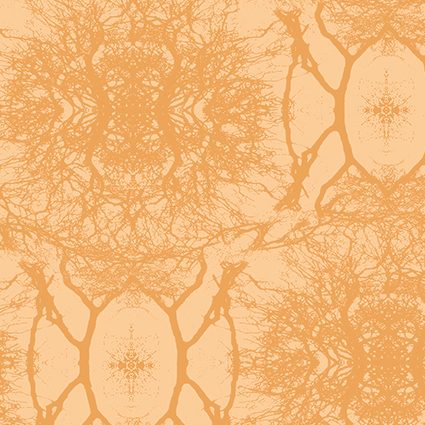 Close-up of the print dream branches. Diamond and circular shaped pattern of branches. Print background color new wheat (soft yellow). Artwork color golden wheat (golden yellow).