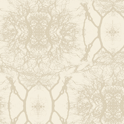 Close-up of the print dream branches. Diamond and circular shaped pattern of branches. Print background color pristine (off white). Artwork color silver cloud (beige).