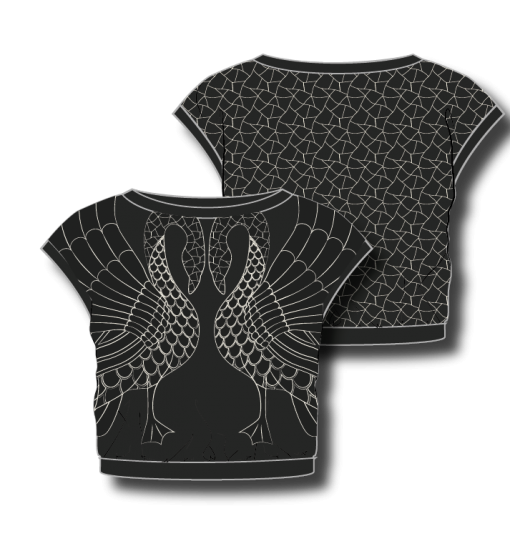 Art Swans surface print & Crackled chaos print MTM Ejm Art blouse . Front of style with large pristine colored art nouveau Swans with solid black background. Back filled with all-over Stained caos print.