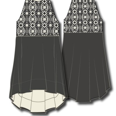 All-over print filled in upper part of ejm art empirer dress. Artwork color black on pristine (off white) colored background. Bottom part of dress in solid black color.