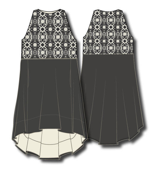 All-over print filled in upper part of ejm art empirer dress. Artwork color black on pristine (off white) colored background. Bottom part of dress in solid black color.