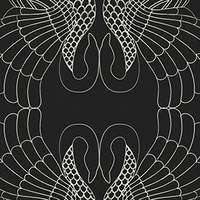 Close-up of "Art swans up/down" all-over print. Pristine colored art nouveau Swans with solid black background. Print dimensions 12cm x 17,7cm / 4.7" x 7"