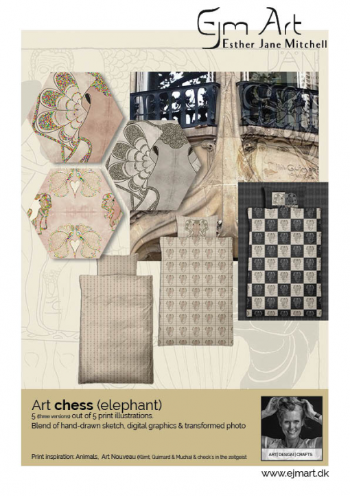 Leaflet appetizer. DP (Duvet & pillow) cover example. "Art chess" elephant print versions, inspired from art nouveau.