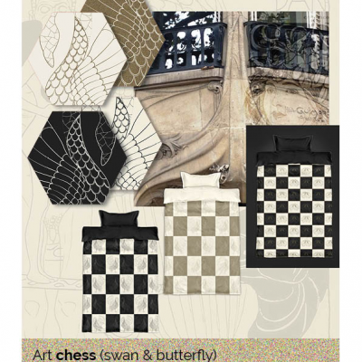 Leaflet appetizer. DP (Duvet & pillow) cover example. "Art chess" swan and butterfly print developed inspired from art nouveau.