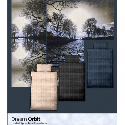 Leaflet appetizer. DP (Duvet & pillow) cover example. "Dream orbit" print developed from the photo art "Dream path".