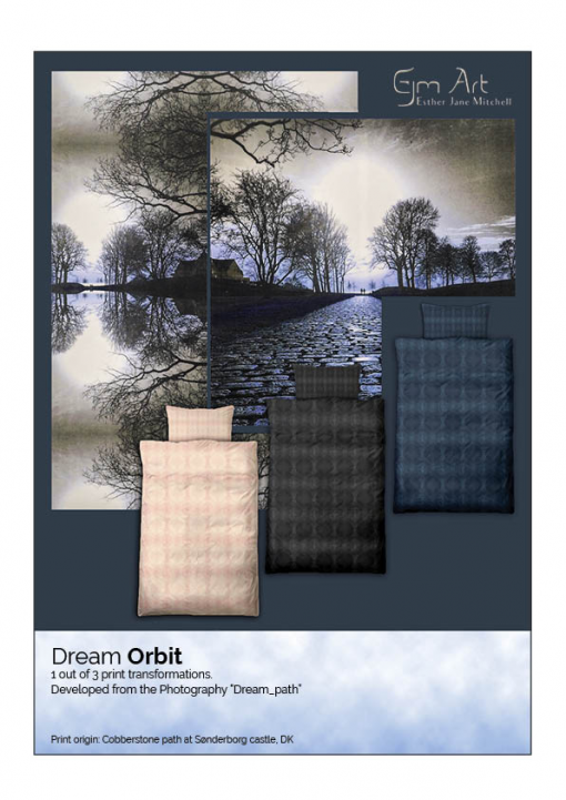 Leaflet appetizer. DP (Duvet & pillow) cover example. "Dream orbit" print developed from the photo art "Dream path".