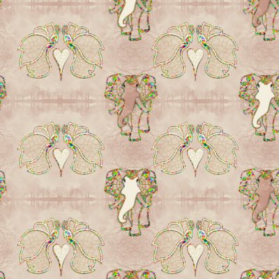 Close-up of "Art Elefly" all-over print of art nouveau elephants and butterflies with rustic gold glitter effect. Main color soft rose. Print repeat dimensions: 10cm x 7cm / 4" x 2,8"