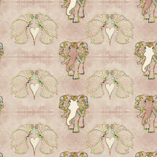 Close-up of "Art Elefly" all-over print of art nouveau elephants and butterflies with rustic gold glitter effect. Main color soft rose. Print repeat dimensions: 10cm x 7cm / 4" x 2,8"