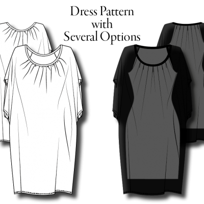 Flat drawings of the downloadable pattern pieces: Ejm Art bat-dress pattern, 2 versions. For DIY sewing people.