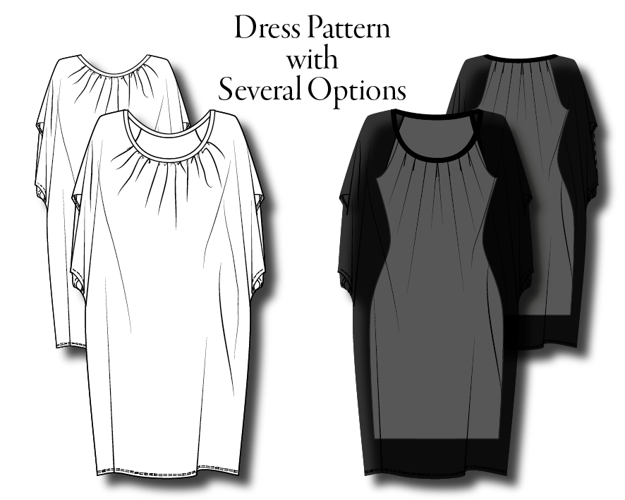 Flat drawings of the downloadable pattern pieces: Ejm Art bat-dress pattern, 2 versions. For DIY sewing people.