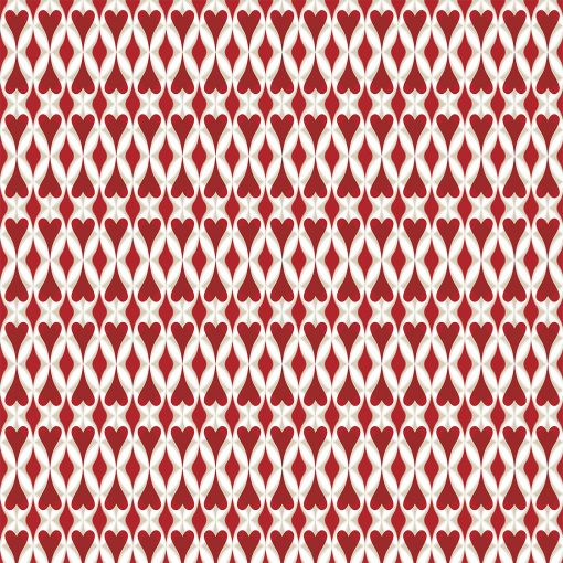 Thankful far. A print pattern in a smaller scale with hearts & diamonds in a design that creates harmonious new pattern shapes. Main color: Red. Repeat dimensions: 1.9"x5.9" / 4,8cm x 15cm