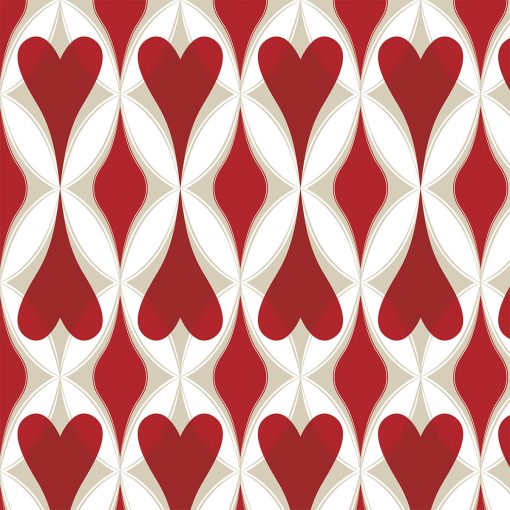 Thankful near. A print pattern in a big scale with hearts & diamonds in a design that creates harmonious new pattern shapes. Main color: Red. Repeat dimensions: 7.5"x23.7" / 19cm x 60cm