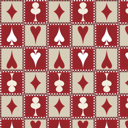 Four. A print pattern with the four suits; spades, diamonds, hearts & clubs set up in a chess field in shiftwise red & beige color play with spades appearing in white. Repeat dimensions: 11.9"x23.6" / 30cm x 60cm