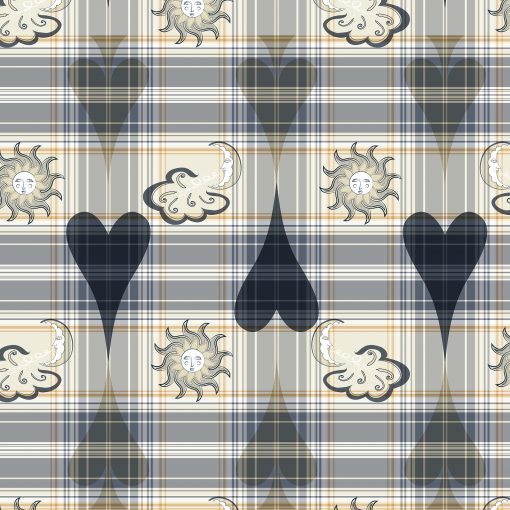 Lovely Near; Print Patterns in a big scale. Main color: blue. A tartan print with magical drawings of hearts, spades, the moon & the sun.