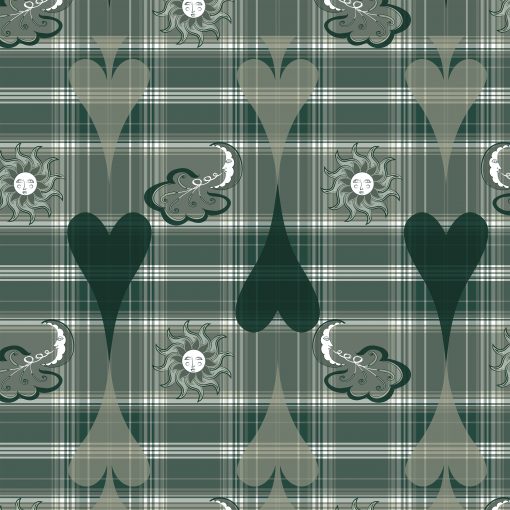 Lovely Near; Print Patterns in a big scale. Main color: green. A tartan print with magical drawings of hearts, spades, the moon & the sun.