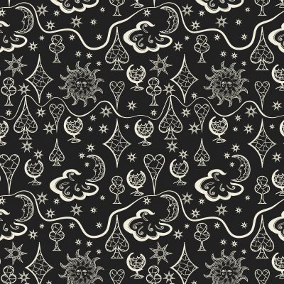 Magic. A print pattern with black occult drawings of the moon, the sun, stars & more. Main color: black. Repeat dimensions: 4.1"x5.3" / 10,4cm x 13,5cm
