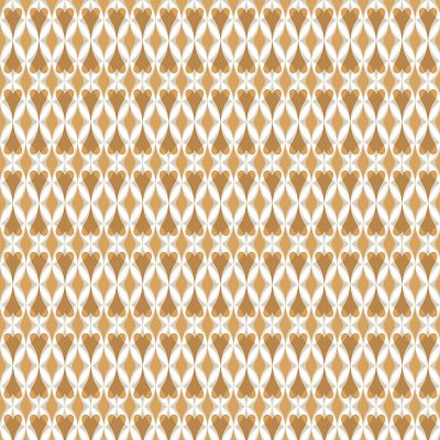 Thankful near. A print pattern in a smaller scale with hearts & diamonds in a design that creates harmonious new pattern shapes. Main color: Golden yellow. Repeat dimensions: 1.9"x5.9" / 4,8cm x 15cm
