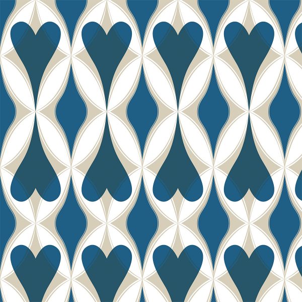 Thankful near. A print pattern in a big scale with hearts & diamonds in a design that creates harmonious new pattern shapes. Main color: Blue. Repeat dimensions: 7.5"x23.7" / 19cm x 60cm