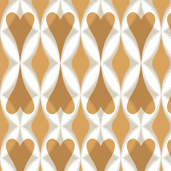 Thankful near. A print pattern in a big scale with hearts & diamonds in a design that creates harmonious new pattern shapes. Main color: Golden yellow. Repeat dimensions: 7.5"x23.7" / 19cm x 60cm