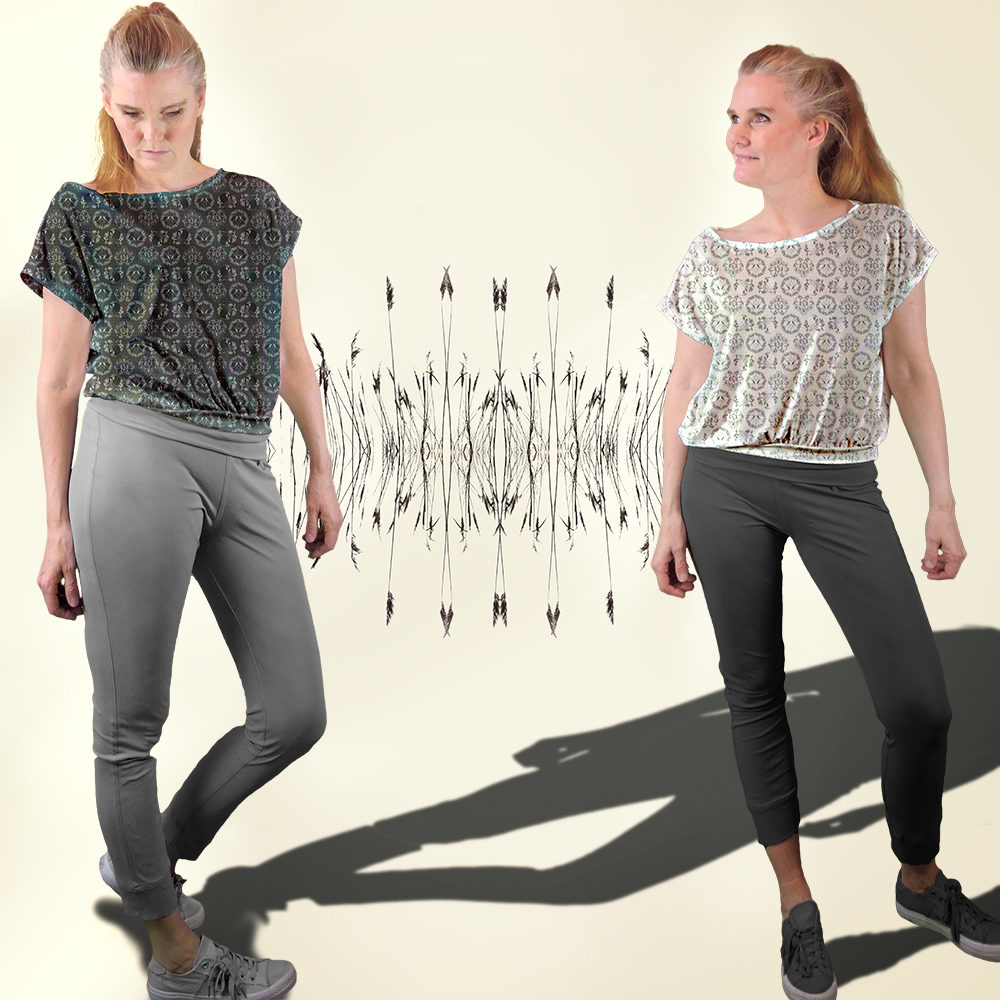 Ejm Art Blouse with Art Fragile all-over Print shown in two color versions.