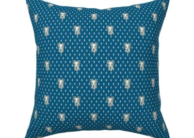 Throw pillow with Art Nouveau Elephants walking towards you, behind them a art deco inspired pattern of geometric droplets. Ground color: blue