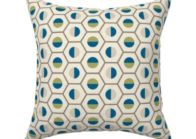 Throw pillow in geometric hexagon shaped color symphony. Colors are green, blue, sand and pristine (off white/beige). Inspired from geometry in nature.