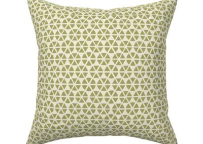 Throw pillow with hexagon shaped geometric flowers. Colors are green and pristine (off white/beige). Inspired from geometry in nature.
